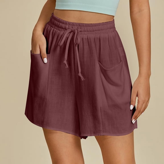 Stephy Linen Shorts for Women Trendy High Waisted Casual Summer Pull On Beach Loost Fit Shorts with Pockets, Red, S