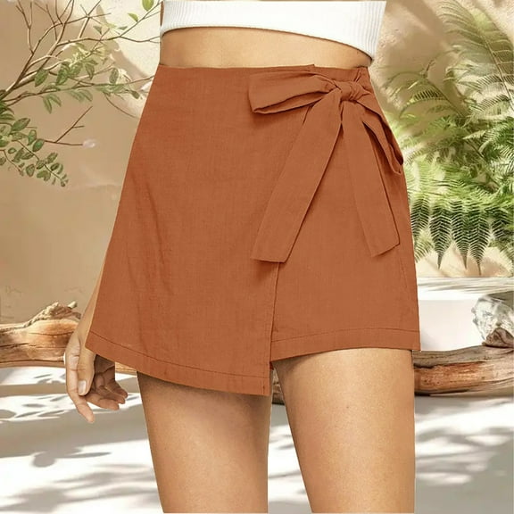 Stephy New Women's Fashionable Casual High Waistband Waist Belt Cotton Linen Shorts, Yellow, XL