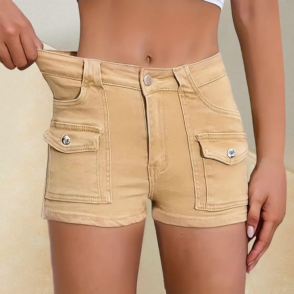 Stephy Summer New Denim Stretch Women's Multi Pocket Denim Shorts, Yellow, L