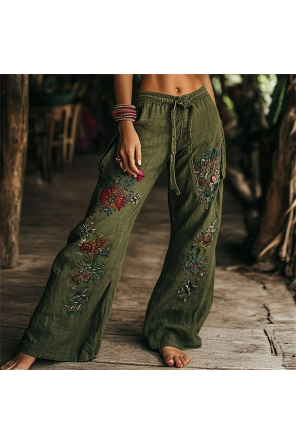 Vintage Floral Art Printed Cotton Linen Wide Leg Pants, Green, L