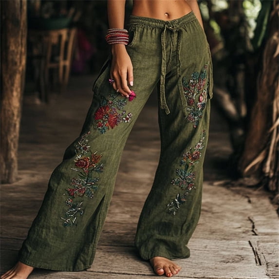 Stephy Vintage Floral Art Printed Cotton Linen Wide Leg Pants, Green, M