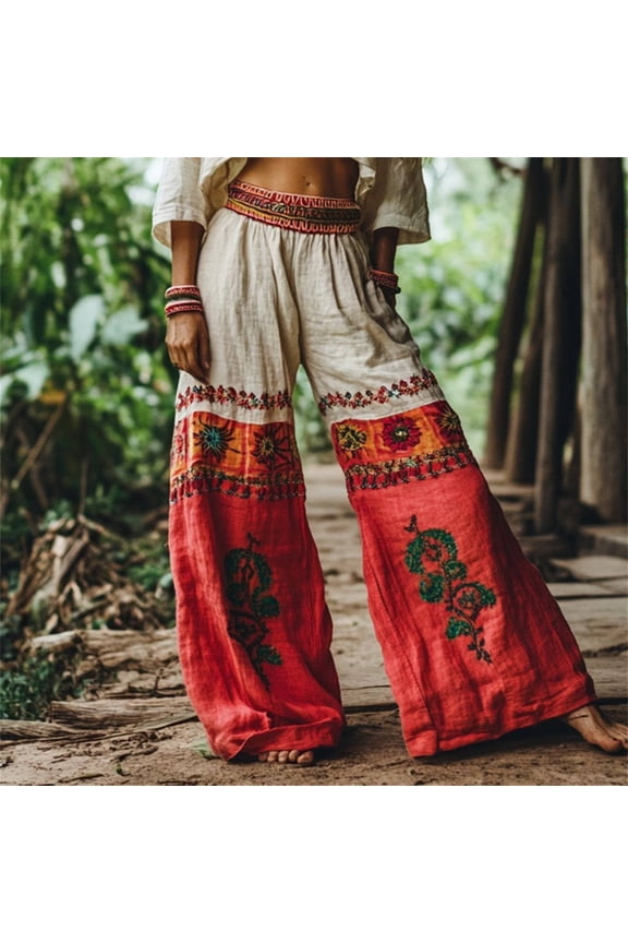 Vintage Floral Art Printed Cotton Linen Wide Leg Pants, Red, M