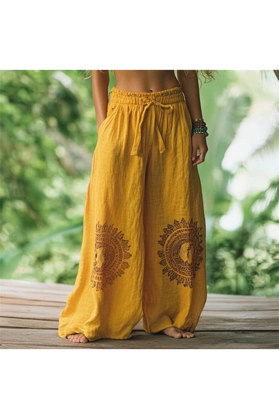 Vintage Floral Art Printed Cotton Linen Wide Leg Pants, Yellow, XXL