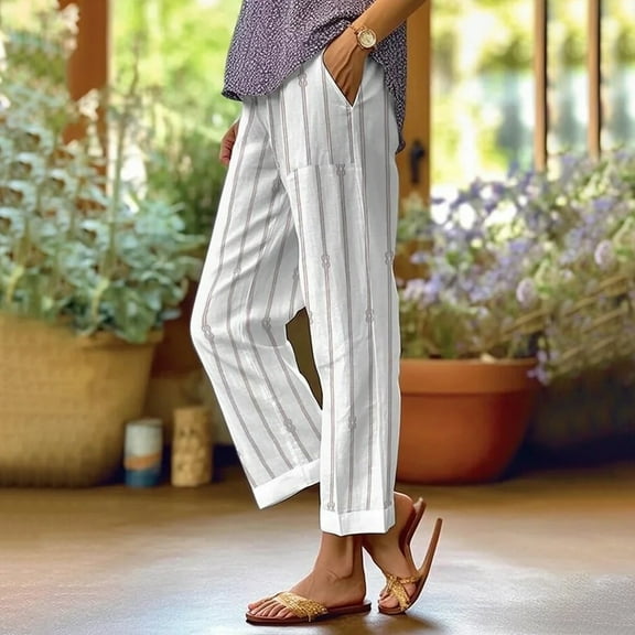 Stephy Women's Botanical Floral Design Loose Pocket Patchwork Casual Pants, White, 3XL