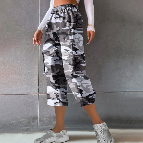 Stephy Women's Casual Camouflage Print Cargo Pants Stretch Elastic Waist Tapered Pants with Pockets, Gray, L