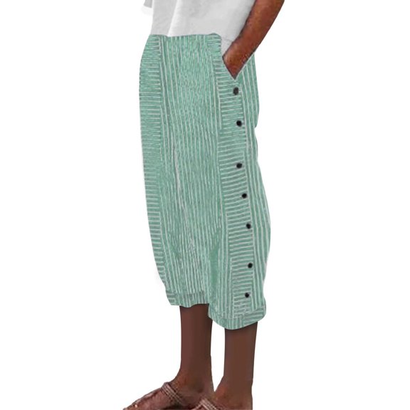 Stephy Women's Cotton Linen Striped Elastic Belt High Belt Pocket Trousers Cropped Pants Loose Casual Pants, Green, S