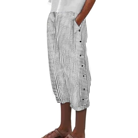 Stephy Women's Cotton Linen Striped Elastic Belt High Belt Pocket Trousers Cropped Pants Loose Casual Pants, White, XXL