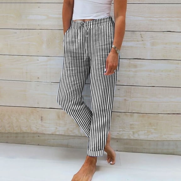 Stephy Women's Cotton Linen Striped Elastic Belt High Belt Pocket Trousers Side Buttons Cropped Pants Casual Pants, White, 3XL