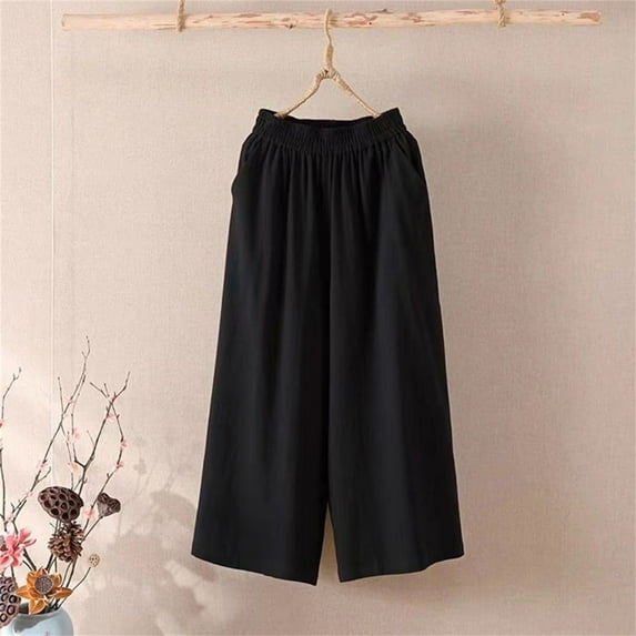 Stephy Women's Fashion Casual Cotton and Linen Wide Leg Pants Solid Color Large Size Loose Elastic Waist Cropped Pants, Black, L