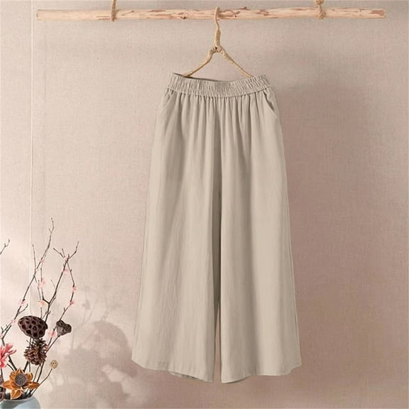 Stephy Women's Fashion Casual Cotton and Linen Wide Leg Pants Solid Color Large Size Loose Elastic Waist Cropped Pants, Gray, 4XL