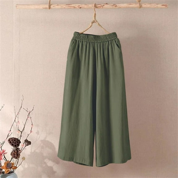 Stephy Women's Fashion Casual Cotton and Linen Wide Leg Pants Solid Color Large Size Loose Elastic Waist Cropped Pants, Green, 3XL