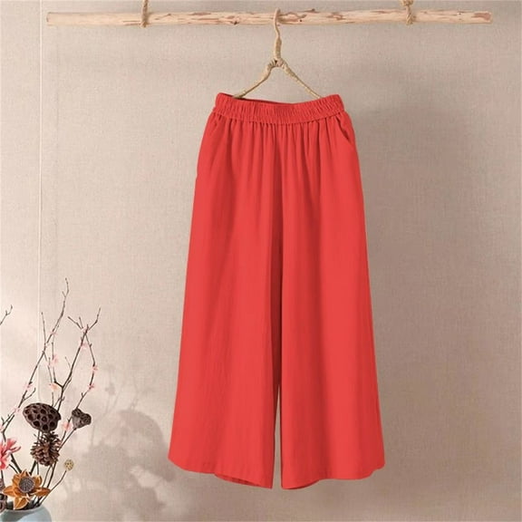 Stephy Women's Fashion Casual Cotton and Linen Wide Leg Pants Solid Color Large Size Loose Elastic Waist Cropped Pants, Red, XXL