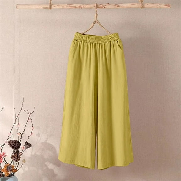 Stephy Women's Fashion Casual Cotton and Linen Wide Leg Pants Solid Color Large Size Loose Elastic Waist Cropped Pants, Yellow, 3XL