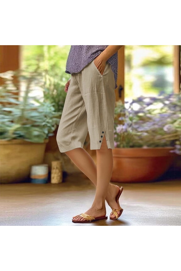 Women's Fashionable Casual Button Slit with Pocket Cotton Linen Loose Shorts, Yellow, M