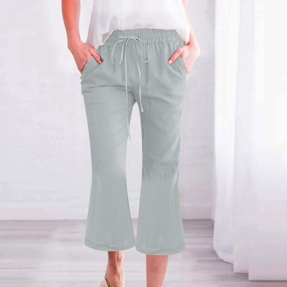 Stephy Women's Fashionable Casual Cotton and Linen Pocket Waist Slim Bell Bottom Pants, Beige, 3XL