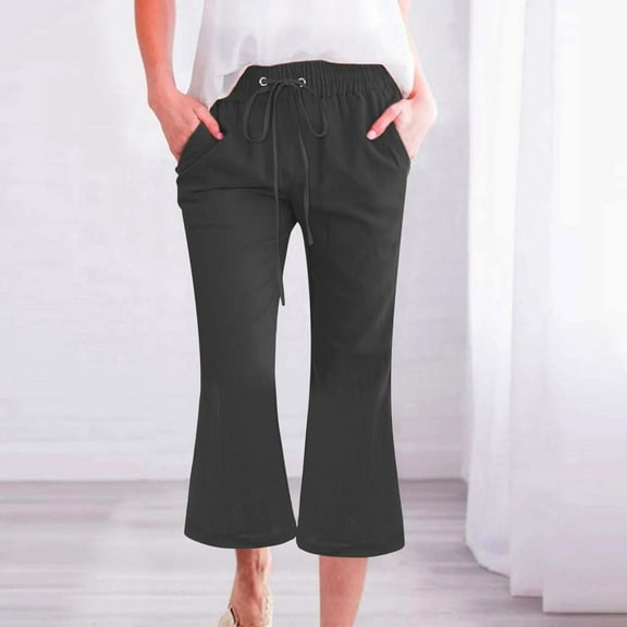 Stephy Women's Fashionable Casual Cotton and Linen Pocket Waist Slim Bell Bottom Pants, Black, 3XL