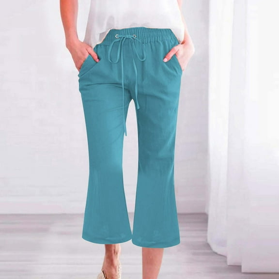 Stephy Women's Fashionable Casual Cotton and Linen Pocket Waist Slim Bell Bottom Pants, Blue, L