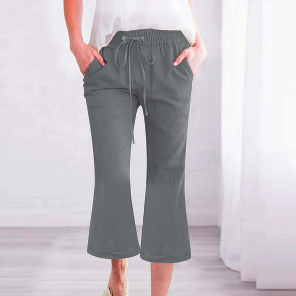 Stephy Women's Fashionable Casual Cotton and Linen Pocket Waist Slim Bell Bottom Pants, Gray, XXL