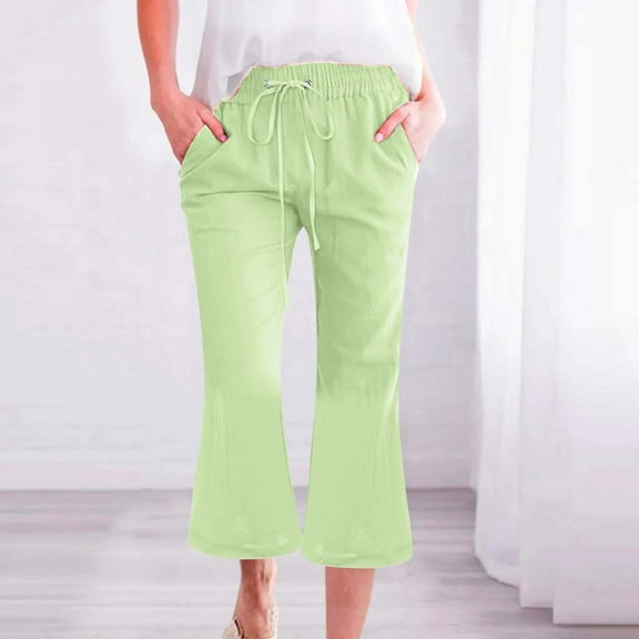 Stephy Women's Fashionable Casual Cotton and Linen Pocket Waist Slim Bell Bottom Pants, Green, 3XL