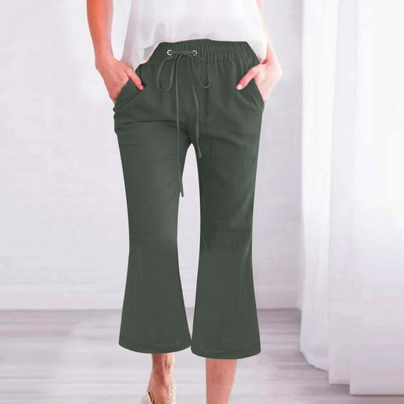 Stephy Women's Fashionable Casual Cotton and Linen Pocket Waist Slim Bell Bottom Pants, Green, XXL