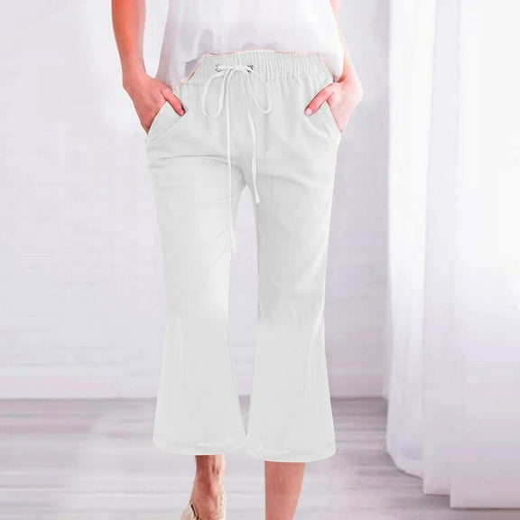 Stephy Women's Fashionable Casual Cotton and Linen Pocket Waist Slim Bell Bottom Pants, White, XXL