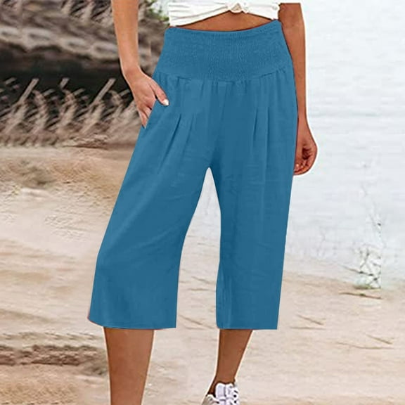 Stephy Women's Fashionable Cotton and Linen Solid Color Elastic Waist Three Quarter High Waist Casual Pants and Sports Pants, Blue, 3XL