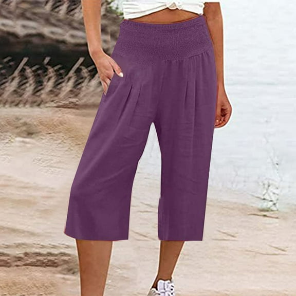 Stephy Women's Fashionable Cotton and Linen Solid Color Elastic Waist Three Quarter High Waist Casual Pants and Sports Pants, Purple, 3XL