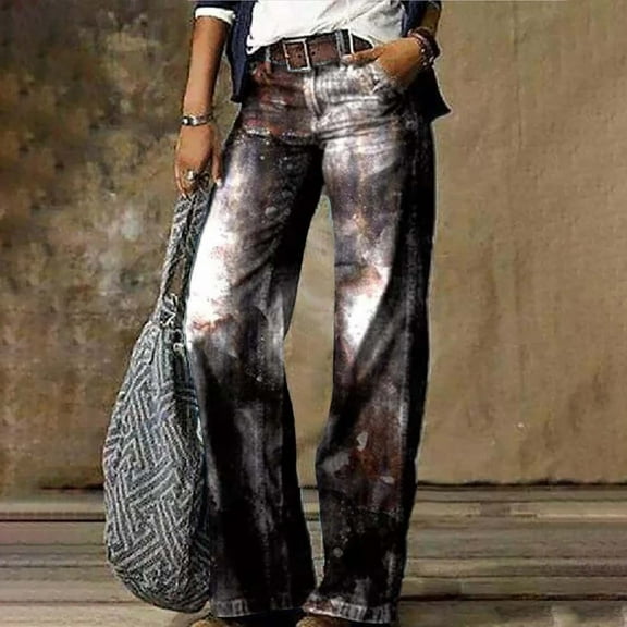 Stephy Women's Flare Wide Leg High Waisted Casual Vintage Floral Print Pants Casual Colorful Trouser, Blue, 3XL