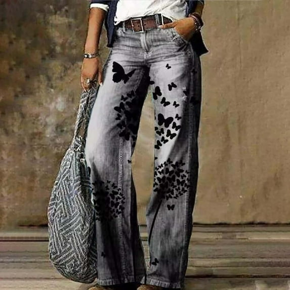 Stephy Women's Flare Wide Leg High Waisted Casual Vintage Floral Print Pants Casual Colorful Trouser, Blue, L