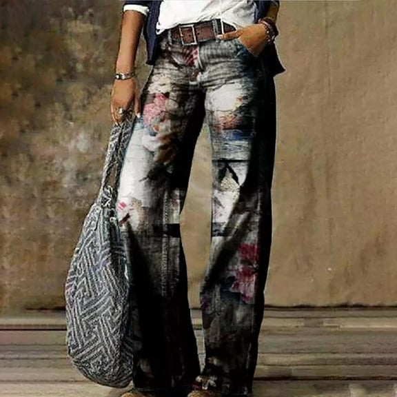 Stephy Women's Flare Wide Leg High Waisted Casual Vintage Floral Print Pants Casual Colorful Trouser, Blue, L