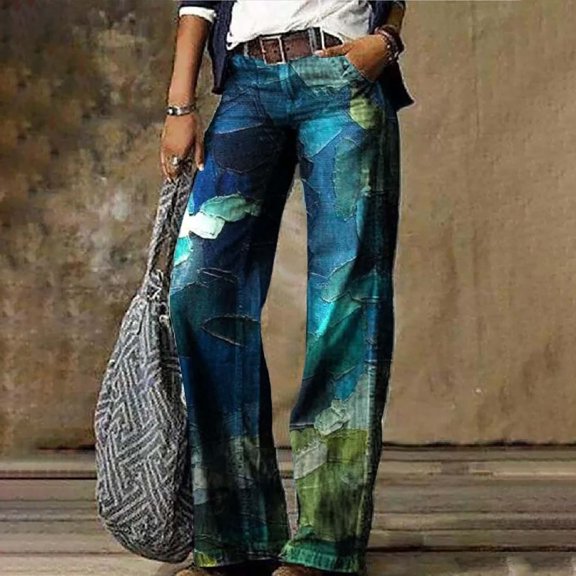 Stephy Women's Flare Wide Leg High Waisted Casual Vintage Floral Print Pants Casual Colorful Trouser, Blue, S