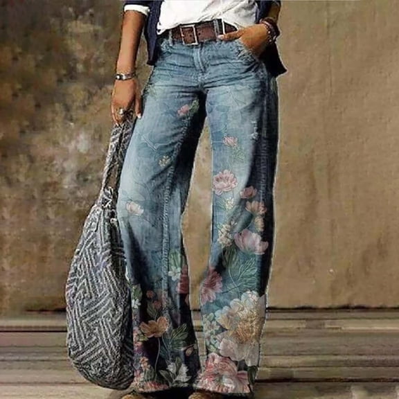 Stephy Women's Flare Wide Leg High Waisted Casual Vintage Floral Print Pants Casual Colorful Trouser, Blue, S