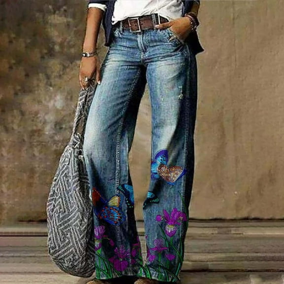 Stephy Women's Flare Wide Leg High Waisted Casual Vintage Floral Print Pants Casual Colorful Trouser, Blue, XL