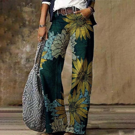 Stephy Women's Flare Wide Leg High Waisted Casual Vintage Floral Print Pants Casual Colorful Trouser, Blue, XL