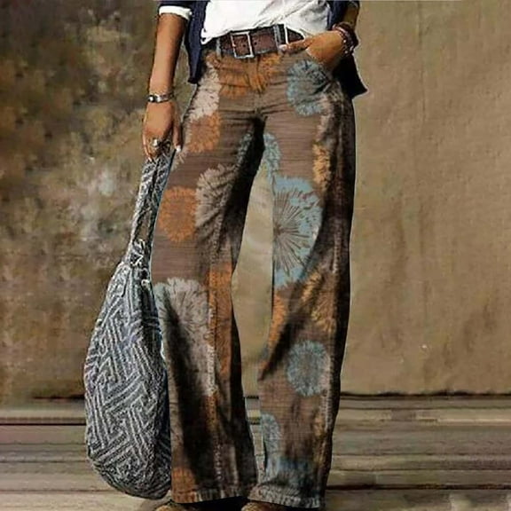 Stephy Women's Flare Wide Leg High Waisted Casual Vintage Floral Print Pants Casual Colorful Trouser, Blue, XL