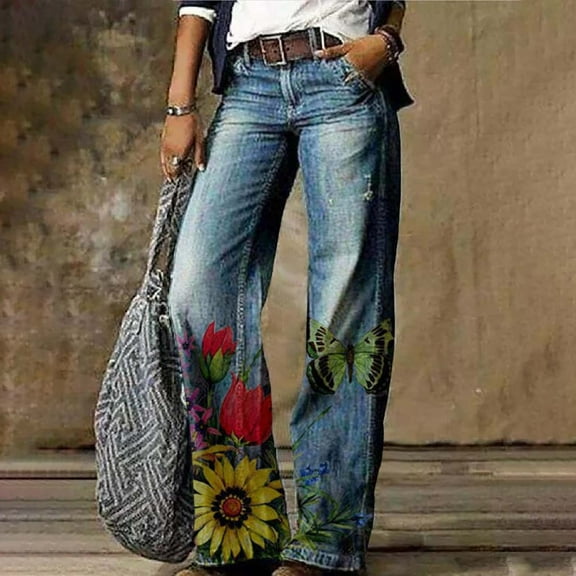 Stephy Women's Flare Wide Leg High Waisted Casual Vintage Floral Print Pants Casual Colorful Trouser, Blue, XL