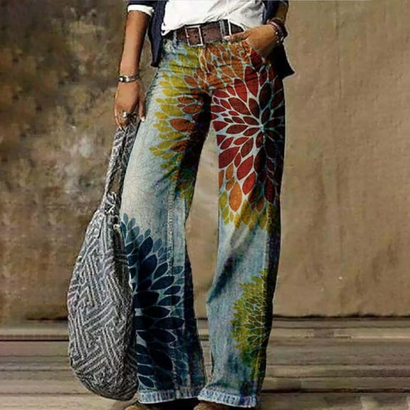 Stephy Women's Flare Wide Leg High Waisted Casual Vintage Floral Print Pants Casual Colorful Trouser, Blue, XL