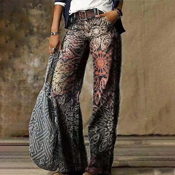 Stephy Women's Flare Wide Leg High Waisted Casual Vintage Floral Print Pants Casual Colorful Trouser, Blue, XL