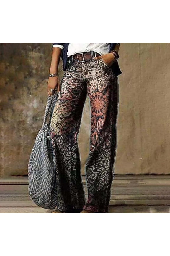 Women's Flare Wide Leg High Waisted Casual Vintage Floral Print Pants Casual Colorful Trouser, Blue, XL