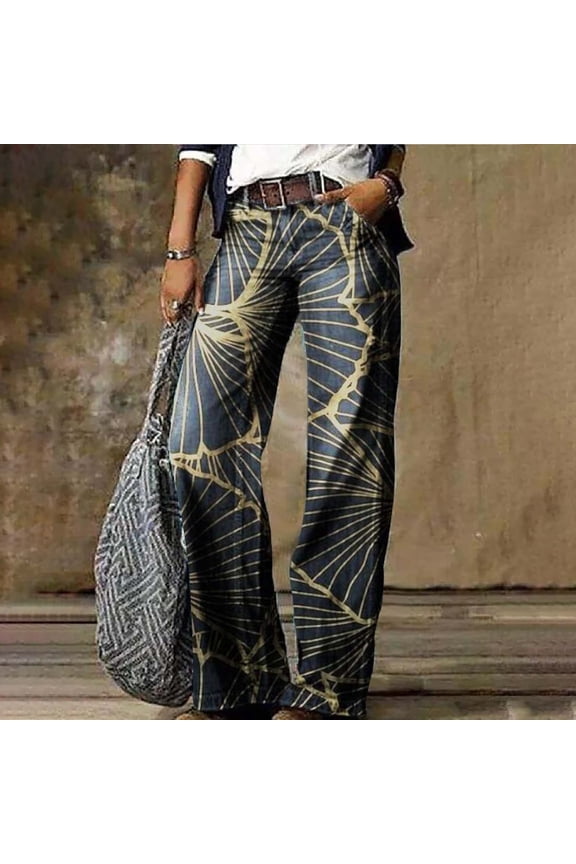 Women's Flare Wide Leg High Waisted Casual Vintage Floral Print Pants Casual Colorful Trouser, Blue, XXL