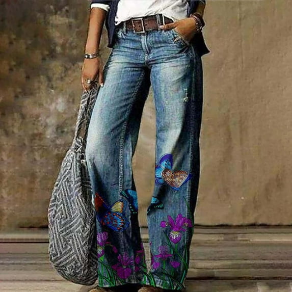 Stephy Women's Flare Wide Leg High Waisted Casual Vintage Floral Print Pants Casual Colorful Trouser, Blue, XXL