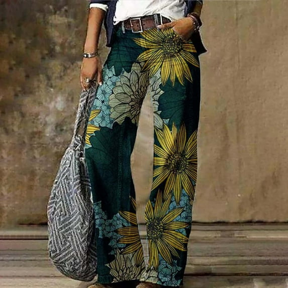 Stephy Women's Flare Wide Leg High Waisted Casual Vintage Floral Print Pants Casual Colorful Trouser, Blue, XXL