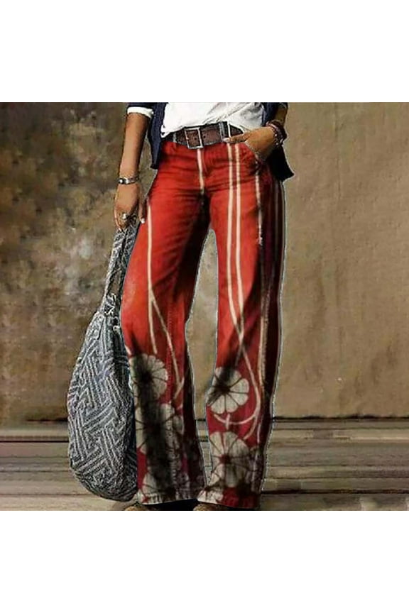 Women's Flare Wide Leg High Waisted Casual Vintage Floral Print Pants Casual Colorful Trouser, Blue, XXL