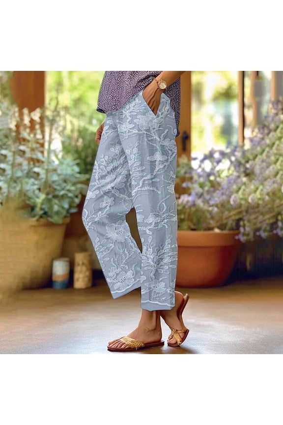 Women's Floral Embroidered Lace Printed Loose Pocket Patchwork Casual Pants, Blue, L