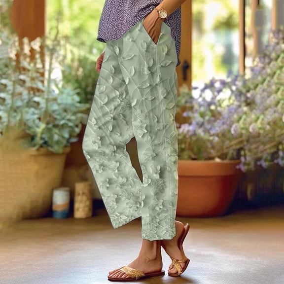Stephy Women's Floral Embroidered Lace Printed Loose Pocket Patchwork Casual Pants, Green, 3XL