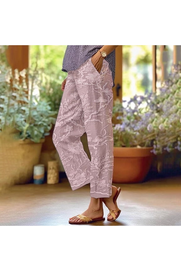 Women's Floral Embroidered Lace Printed Loose Pocket Patchwork Casual Pants, Pink, XXL