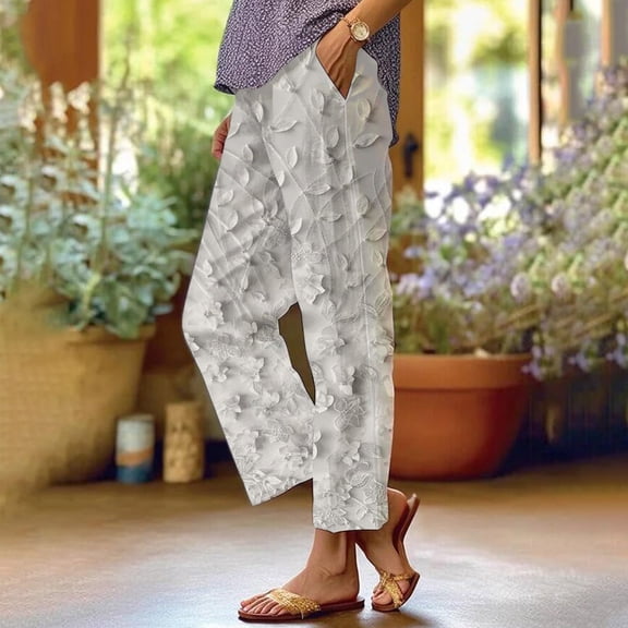 Stephy Women's Floral Embroidered Lace Printed Loose Pocket Patchwork Casual Pants, White, 3XL