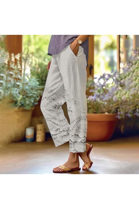 Women's Floral Embroidered Lace Printed Loose Pocket Patchwork Casual Pants, White, L