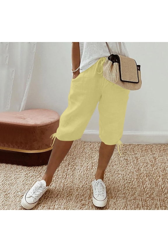 Women's Knee Length Short Pants Ladies Loose Drawstring Casual Solid Color Shorts, Yellow, XXL