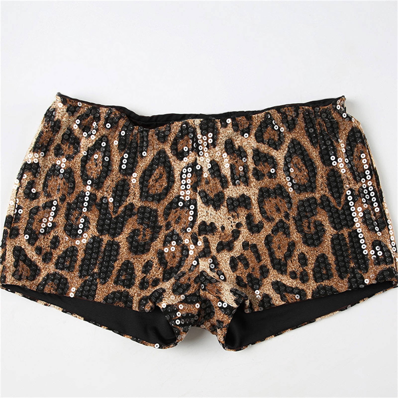 Stephy Women's Leopard Print Sequins High Waist Tight Hot Girl Shorts, Brown, L